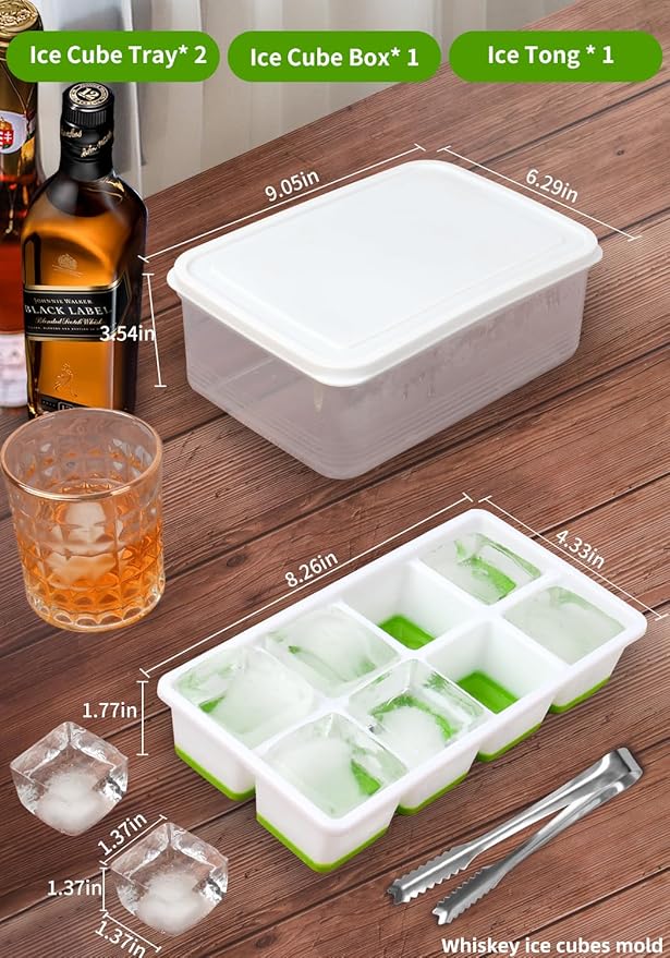 2 INCH Ice Cube Tray with Lid & Bin,Square Large Ice Cube Molds | ice trays for freezer with lid and bin, Silicone Base & Stackable Design, Whiskey Ice Cubes Mold for Coffe,Cocktail,Whiskey