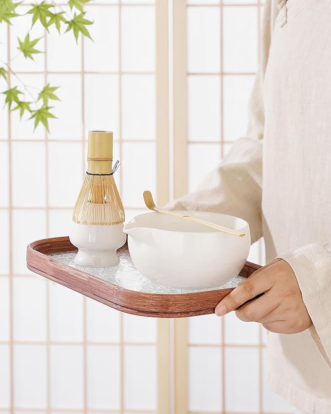 ZENS Matcha Whisk Set, 5pcs Matcha Kit Set Includes Ceramic Bowl, Bamboo Whisk and Chasen Holder, Scoop & Tea Mat，Matcha Tea ceremony Gift for Matcha Lovers, White