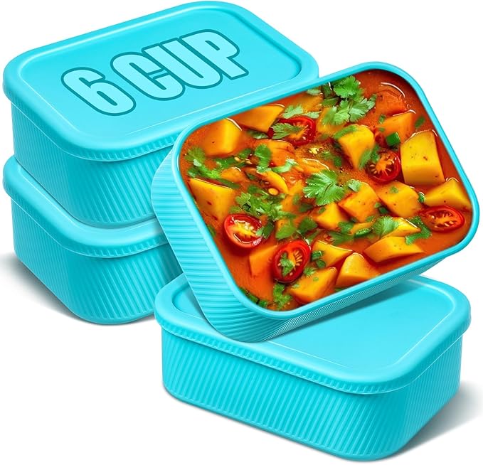 Nuogo 4 Pcs 6 Cup Silicone Freezer Trays with Lid Soup Containers Reusable Freezer Silicone Molds Rectangle Containers Ice Trays for Soups Sauces Stews Curries, Lake Blue