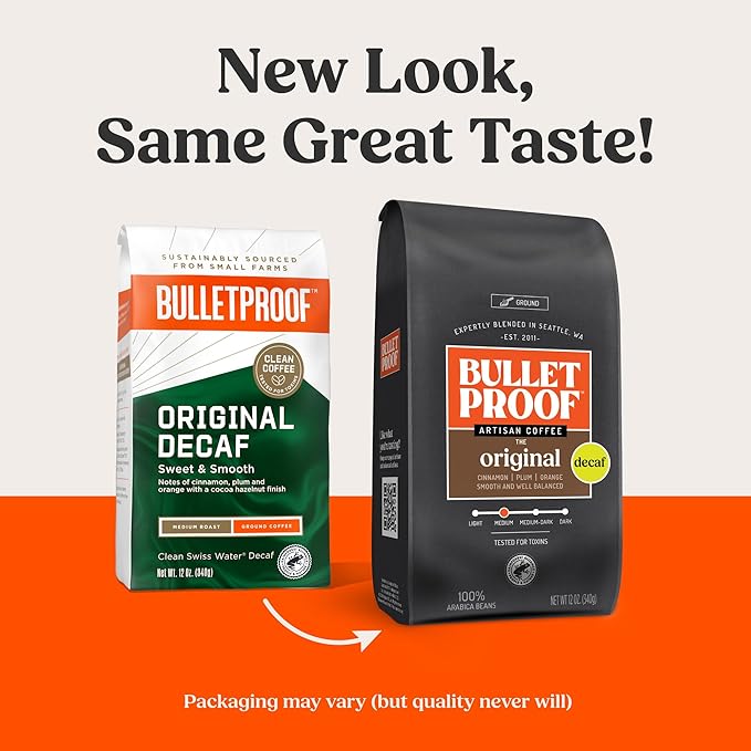 Bulletproof Original Medium Roast Ground Decaf Coffee, 12 Ounces, 100% Arabica Coffee, Clean Coffee Tested for Toxins, Packaging May Vary