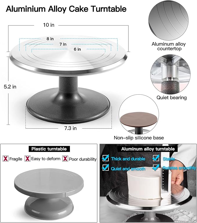 Aluminum Alloy Revolving Cake Stand & Carrier - 268PCS Kit with 54 Piping Tips, Acrylic Cake Discs, Various Spatulas