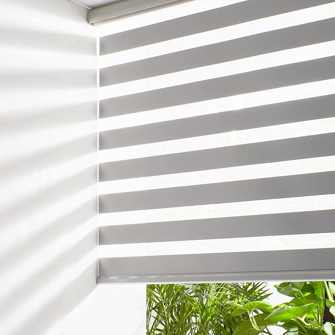 Persilux Cordless Zebra Blinds for Windows Free-Stop Roller Windows Shades (23" W X 64" H, Grey) Dual Layer Light Control for Day and Night, Light Filtering Sheer Shades for Home