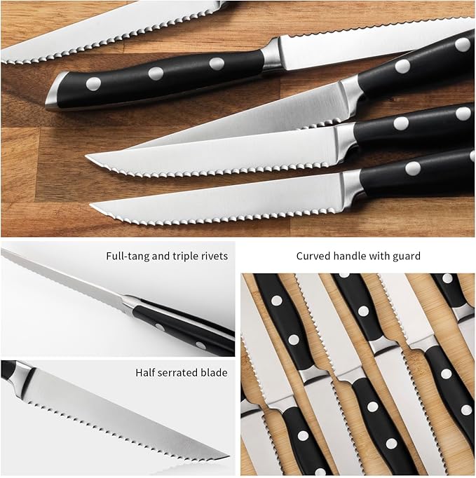 Alata 6-Piece Steak Knives Set with Block, 4.7 Inch with Serrated Edge Razor-Sharp Dinner Knives, Full-Tang Construction, Dishwasher Safe