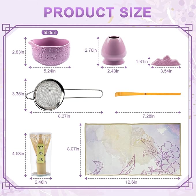 Matcha Set–7-Piece Set Including Matcha Bowl with Spout, Whisk, Chasen Holder, Sifter, Bamboo Scoop with Stand, wood spoon(Cherry Blossom Purple)–Perfect for Matcha Lovers&Tea Ceremonies