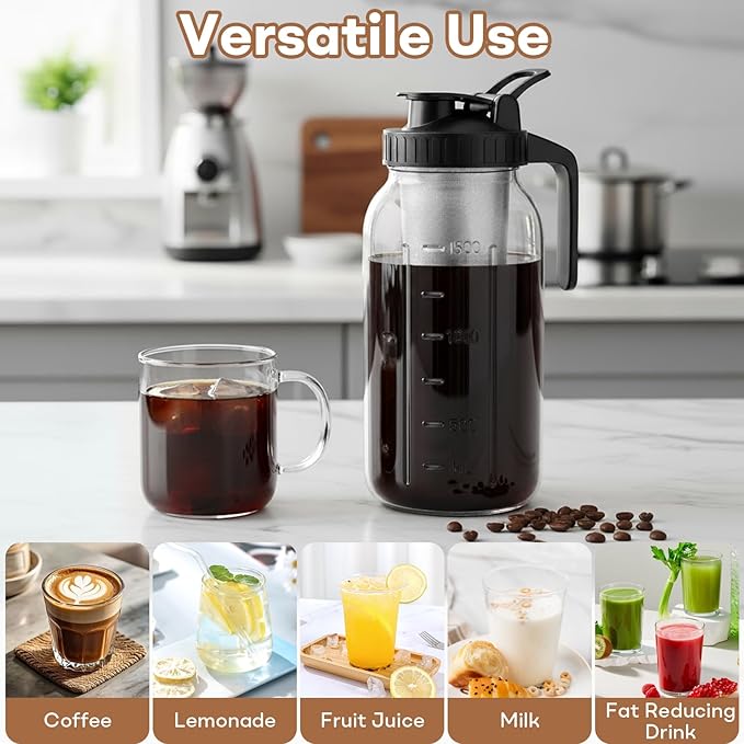 64oz Mason Jar Cold Brew Coffee Pitcher with Stainless Steel Filter & Pour Spout Lid – Airtight Glass Iced Coffee Maker for Tea, Lemonade, Juice – Easy Clean & BPA-Free (1.9L)