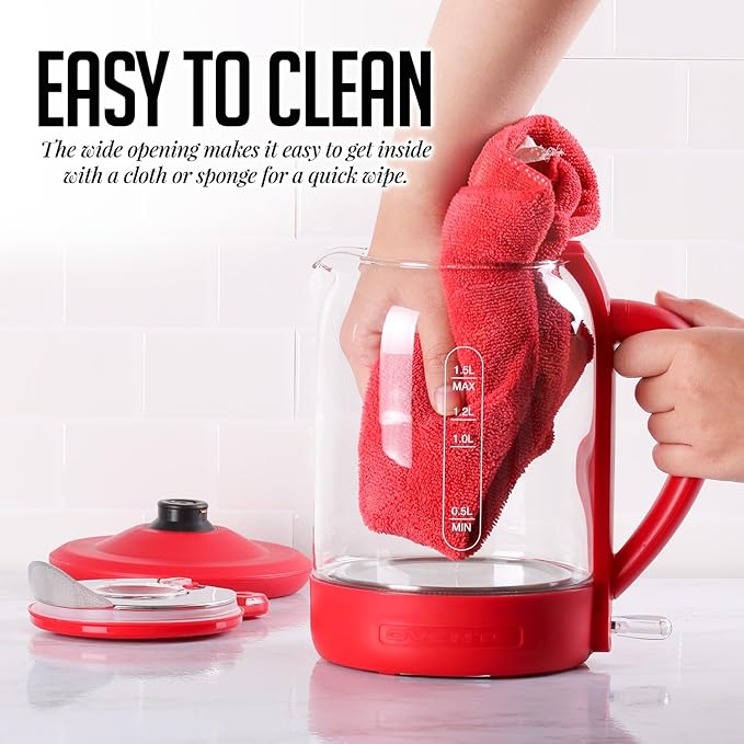 OVENTE Electric Kettle with 1.5L Borosilicate Glass, 1500W Fast Boiling Water Heater for Coffee or Tea, Easy to Fill Lid, Auto Shut-Off, Boil-Dry Protection & Stainless Steel Filter, Red KG516R
