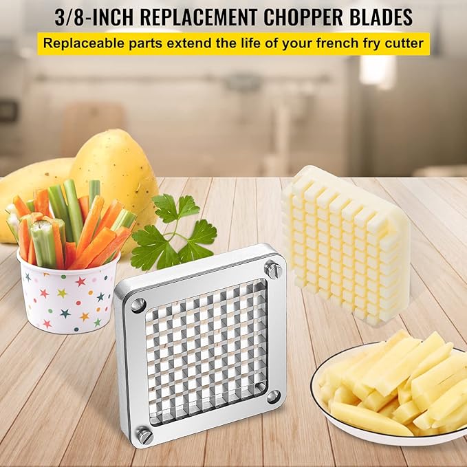 VEVOR Replacement Chopper Blade, 3/8 inch, 3 PCS French Fry Blade Assembly with 6 Extra Knives, Stainless Steel Dicer Parts and Push Block for Cutting Potatoes Carrots Onions Cucumbers Mushrooms
