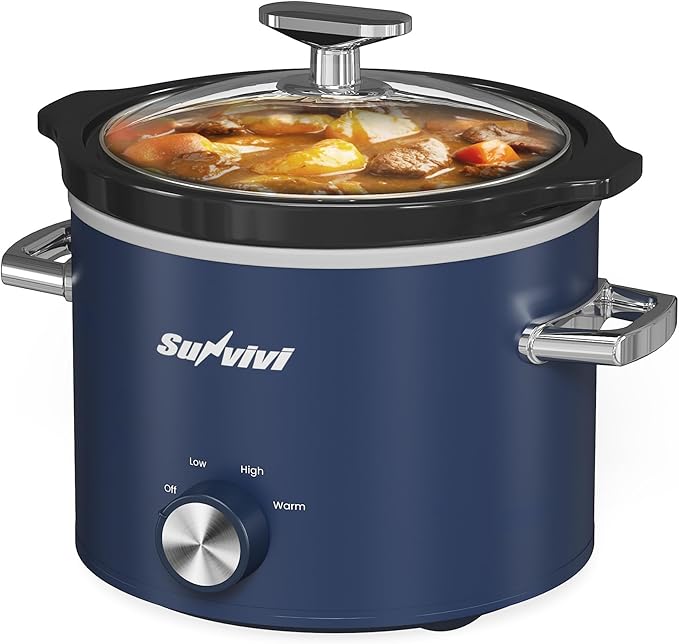Sunvivi 2 Quart Slow Cooker, Small Slow Cooker with Removable Ceramic Pot, Food Warmer with 3 Heating Settings & Dishwasher Safe Glass Lid, Blue
