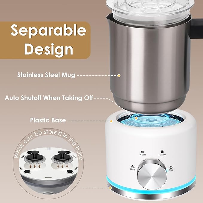 Milk Frother, 16.9 OZ Milk Frother and Steamer, 4 in 1 Electric Milk Frother Dishwasher Safe Durable Silent Frother for Coffee Hot and Cold Foam Maker (White Stainless)