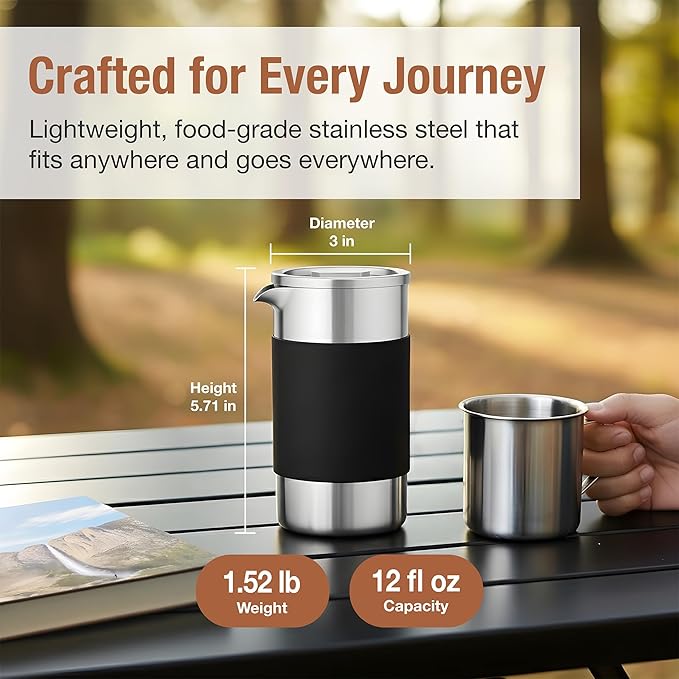 Camping French Press Coffee Maker Set - 12 oz | Portable Travel French Press Coffee Maker | Double Wall Insulated with Dual Stainless Filters & 2 Steel Canisters for Grounds, Tea, Creamer & Sugar