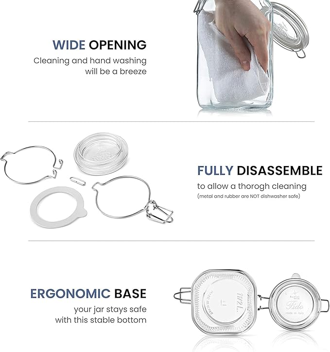 Bormioli Rocco Fido Collection, 2 Pack, 67.75 Oz. Food Storage Glass Jars, Airtight Rubber Seal & Glass Lid, With Stainless Wire Clamp,Made In Italy.