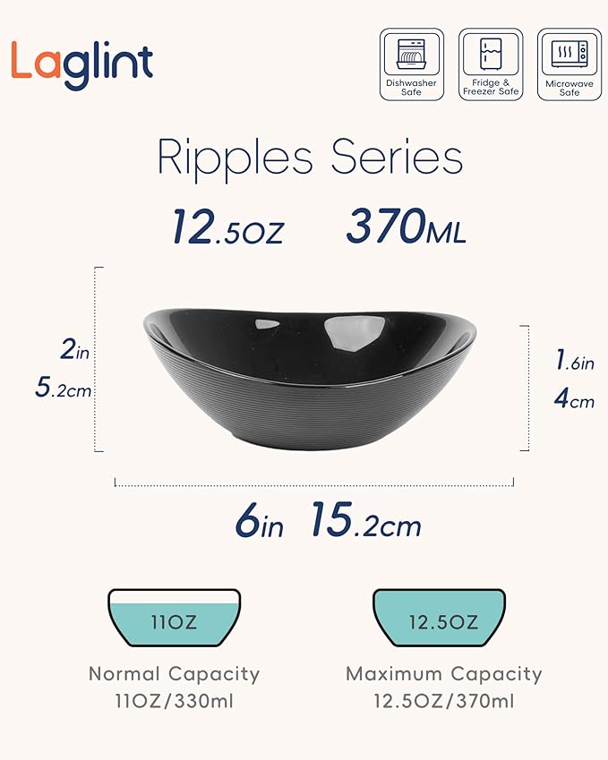 12 OZ Bowl Set of 6, Opal Glass 6 inch Oval Small Ice Cream Bowls for Breakfast Snack Dessert, Side Dishes, Fruit Kitchen, Microwave & Dishwasher Safe, Black