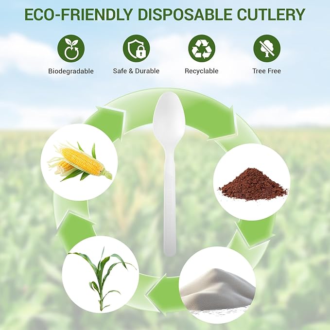 Compostable Spoons [100 Pcs] CPLA Spoons Disposable BPI Certified BPA-Free, Heat Resistant, Durable Disposable Utensils Alternative to Plastic Silverware for Daily, Party & Camping