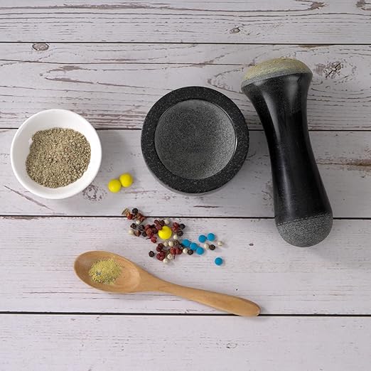 Tianman Small Mortar and Pestle Set 3.2 Inch.1/3 Cup.Mini Marble Grinder with Brush for Pills Herbs Spices,Easy to Grip.Efficient Grinding.Universal Dual Head Grinding Pestle.(Granite Black Polished)