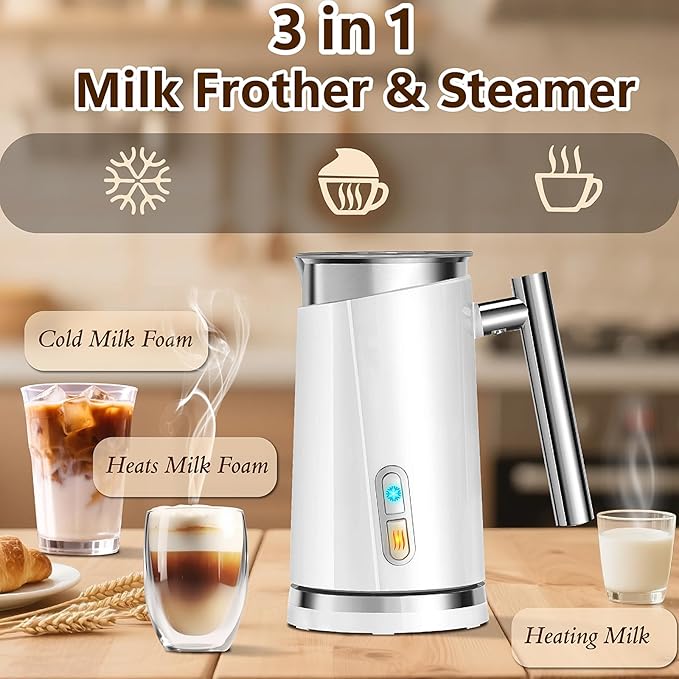 Milk Frother and Steamer, Non-Slip Stylish Design, Hot & Cold Milk Steamer with Temperature Control, Auto Shut-Off Frother for Coffee, Latte, Cappuccino, Macchiato (white)