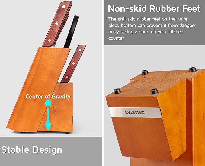 14 Slot Kitchen Knives Block, WELLSTAR Natural Wood Knife Holder without Knives – Hard Wood Countertop Knife Storage – Brown