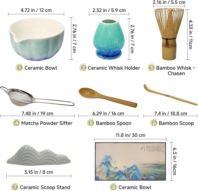 Matcha Whisk Set with Ceramic Bowl - Bamboo Whisk (Chasen), Scoop, Sifter & Holder - Complete Kit for Traditional Matcha Tea - Unique Gifts for Tea Lovers (Kiln-Frost)