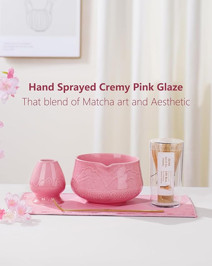 ZENS Pink Matcha Set, Matcha Whisk Set Includes Ceramic Bowl, Matcha Whisk and Chasen Holder, Bamboo Scoop-Tea Towel, 5pcs Matcha Kit Set for Matcha Lovers, Sakura Pink