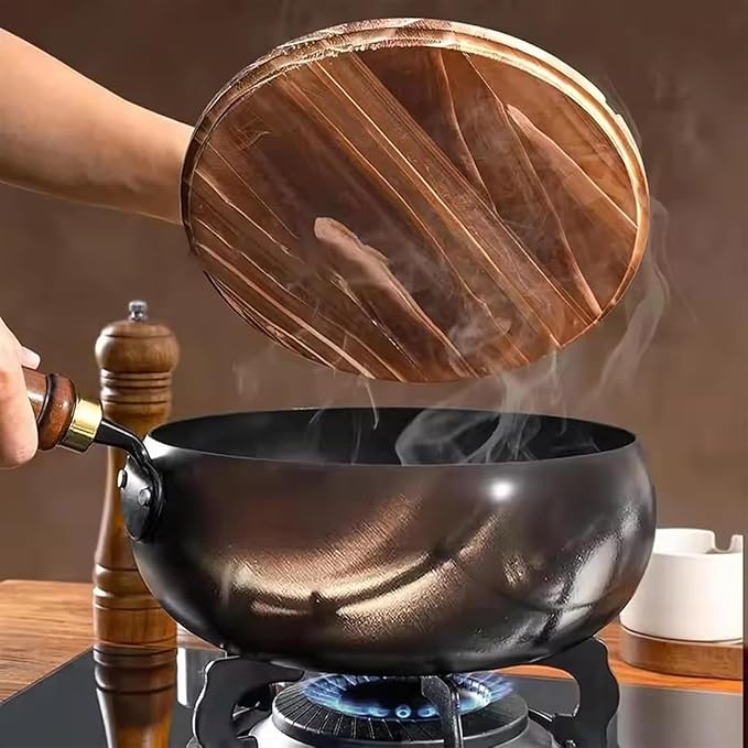 Jinswhdre Cast Iron Skillet, 9.5/11in Jinswhdre Japanese Irons Pan, Hand Forged Uncoated Iron Pan with Lid Spatula, Non-stick Wok for Cooker Gas Stir Fry Pans Durable and Rust-Free (Wooden Lid,10.2in)