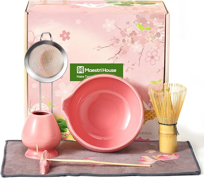 Maestri House Matcha Whisk Set, 7 Pcs Complete Matcha Kit with Spouted Ceramic Bowl, Bamboo Whisk & Holder, Scoop & Sifter, Tea Cloth – Ideal Gift for Matcha Lovers(Pink)