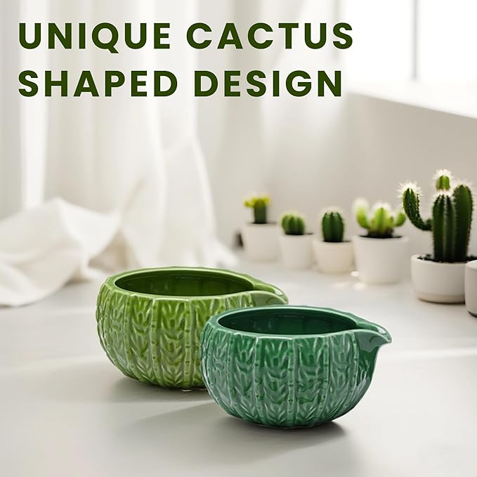 Matcha Whisk Set, Cactus Light Green Ceramic Matcha Set Includes Matcha Bowl, Matcha Whisk (Chasen) and Holder, Sifter, Bamboo Scoop & Spoon - 6 Pcs Matcha Kit for Matcha Lovers