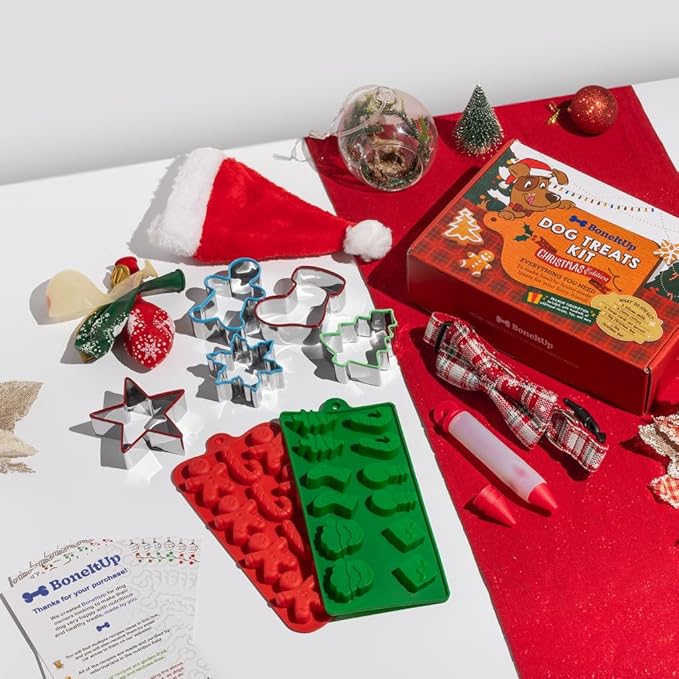 Dog Treat Kit for Christmas – 2 Silicone Christmas Edition Cookie Molds, 5 Cookie Cutters, 10 Recipes, Bow, Dog Hat, 4 Decorating Balloons, Decorating Pen – Ideal DIY Kit for Dogs Lover