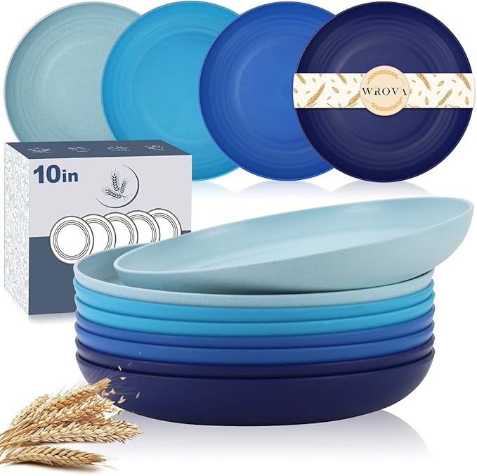 Wheat Straw Plates - 10 Inch Unbreakable Dinner Plates Set of 8 - Dishwasher & Microwave Safe Plastic Plates Reusable - Lightweight Plates for kitchen,camping (Ocean Series)