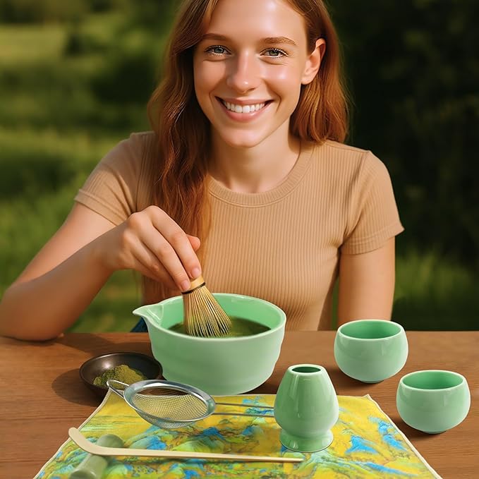 9 Pcs Matcha Whisk Set 18OZ Japanese Matcha Tea Set Includes Matcha Bowl with Spout,Cups,Bamboo Whisk,Ceramic Chasen Holder,Tea Towel, Bamboo Scoop and Sifter Matcha Kit Gift for Ceremony Christmas
