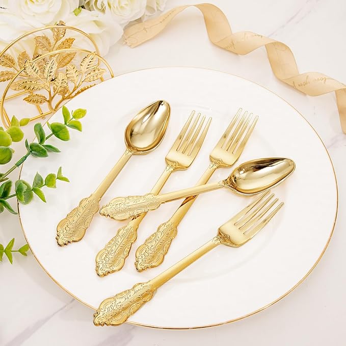 BUCLA 200 Piece Gold Plastic Silverware - Baroque Style Gold Plastic Forks and Spoons - 100 Forks and 100 Spoons for Weddings, Parties & Thanksgiving