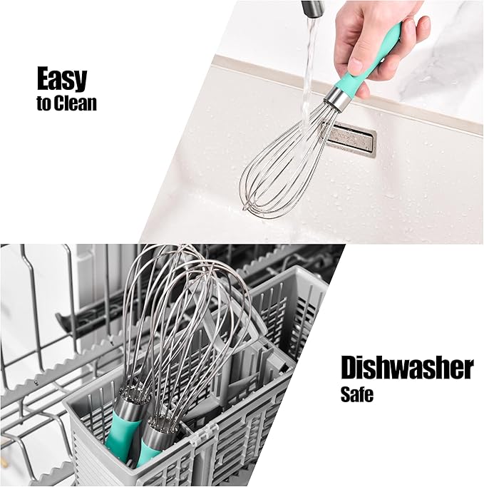 18/8 Stainless Steel Balloon Whisk, Doosu Kitchen Whisk for Cooking Handheld Egg Beater with Rust-Proof Sturdy Wires & Non-Slip Silicone Handle for Beating, Stirring, Blending (6 Wires, Aqua Sky)