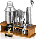 KITESSENSU Cocktail Shaker Set Bartender Kit with Stand | Bar Set Drink Mixer Set with All Essential Accessory Tools: Martini Shaker, Jigger, Strainer, Mixer Spoon, Muddler, Liquor Pourers |Silver