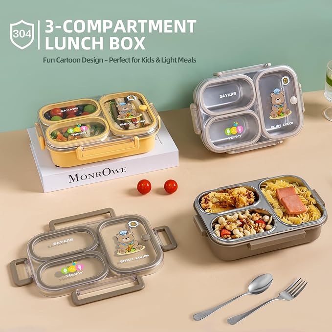 Stainless Steel Bento Lunch Box for Kids, 26.4 oz Leak-Proof 3-Compartment Metal Bento Box, BPA-Free, Cute Cartoon Meal Prep Snack Container with Utensils for School, Office, Travel - Brown