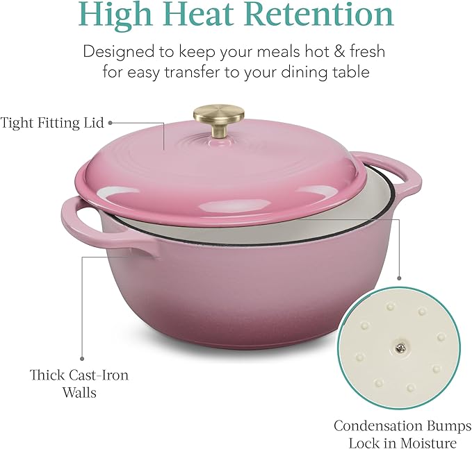 Best Choice Products 7.5 Quart Enamel Cast-Iron Round Dutch Oven, Family Style Heavy-Duty Pre-Seasoned Cookware for Home, Kitchen, Dining Room, Oven Safe w/Lid, Dual Handles - Pink Champagne