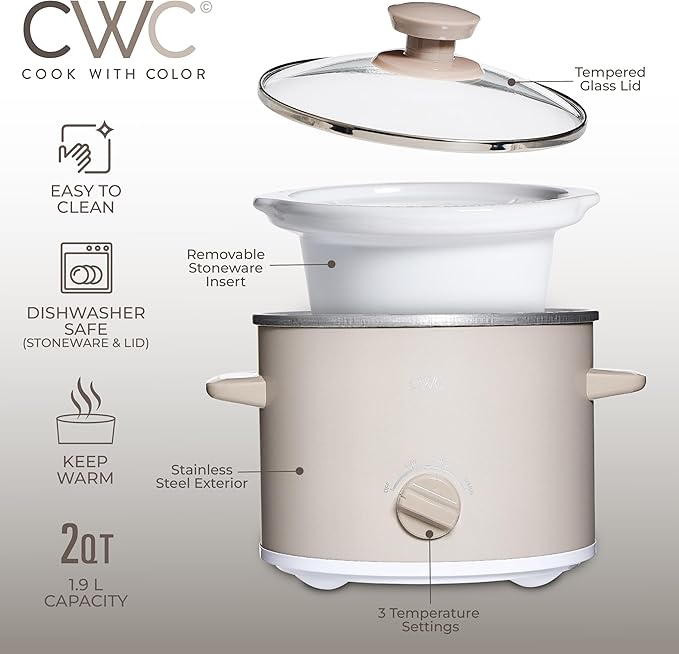 COOK WITH COLOR 2QT Mini Electric Round Slow Cooker - Adjustable Settings, Removable Stoneware Pot, Tempered Glass Lid, Dishwasher Safe, Cool-Touch Side Handles, Sand