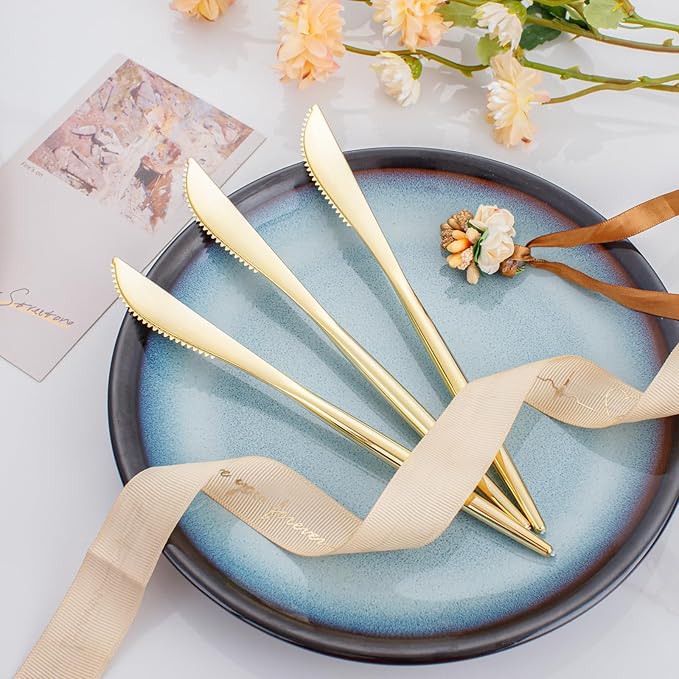 I00000 90 Pcs Gold Plastic Knives,Plastic Silverware, Gold Disposable Utensils, Heavy Duty Disposable Knives Dinnerware Perfect for Parties, Wedding & Dinners