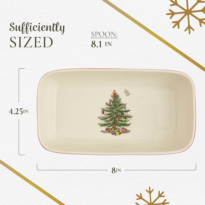 Spode Christmas Tree Tartan Cranberry Sauce Serving Dish with Slotted Spoon (8"x 4.25") - Rectangular Holiday Server with Plaid Border - Dishwasher, Microwave, Freezer Safe Serveware for Entertaining