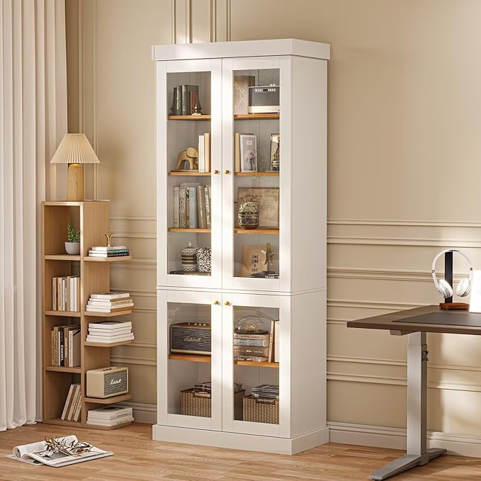 70.8" Tall Farmhouse Kitchen Pantry Cabinet with Glass Doors, Modular Storage Cabinet with 6-Tier Adjustable Shelves, White, Wooden Hutch for Kitchen, Living Room, Set of 2