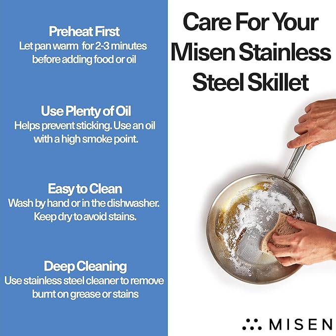 Misen 5-Ply Stainless Steel 12" Frying Pan - Professional Cookware for Induction, Gas and Electric - Dishwasher Safe, Oven Safe to 800°F - Durable, Versatile, Even Heating