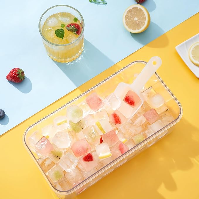 PHINOX Ice Cube Tray With Lid and Bin, Ice Trays for Freezer, Flexible Ice Cube Trays, Making 64 pcs Ice Cubes, Chilling Cocktail, Whiskey, Coffee, with 2 trays, Ice Container, Scoop&Cover, BPA Free