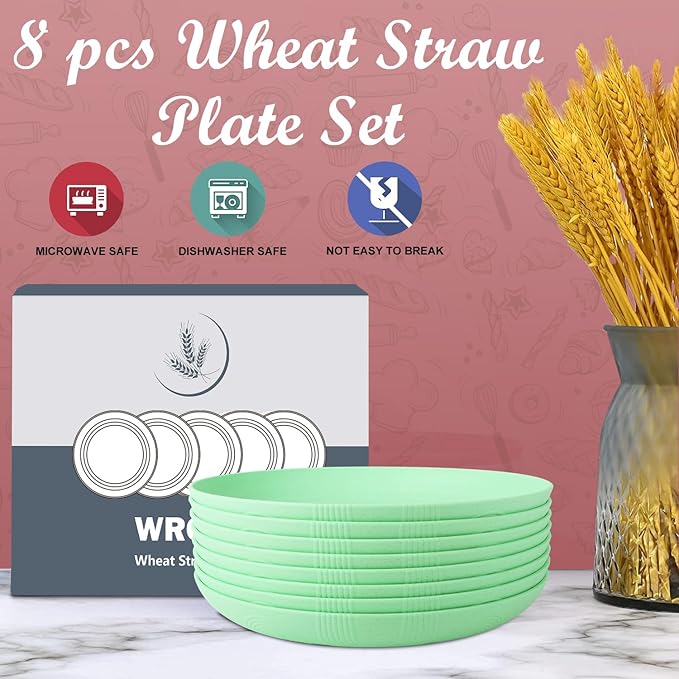 Wrova Wheat Straw Plates - 9 Inch Unbreakable Dinner Plates Set of 8 - Dishwasher & Microwave Safe Plastic Plates Reusable for Kitchen and Camping (Light Green)