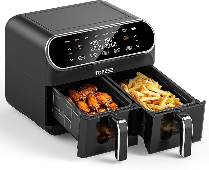 Topzee 8QT Dual Basket Air Fryer – Large Air Fryer with Independent Controls, 8 Preset Modes, Sync & Finish Together, Easy View Windows, Black