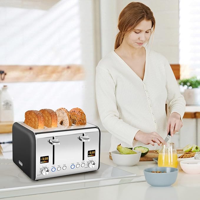 SEEDEEM 4 Slice Stainless Toaster - Color LCD Display, 7 Shade Settings, 1.5'' Wide Slots, Bagel/Defrost/Reheat Functions, Removable Crumb Tray, Dark Chocolate, 1800W