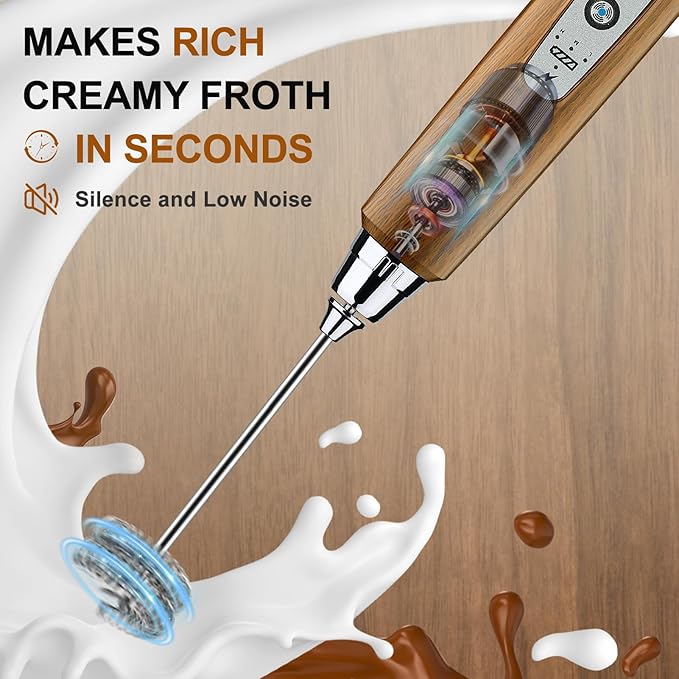 YUSWKO Wood Grain Handheld Milk Frother Wand with Stand for Coffee, Rechargeable Electric Whisk with 3 Heads 3 Speeds Drink Mixer Coffee Frother For Latte, Cappuccino, Hot Chocolate, Egg