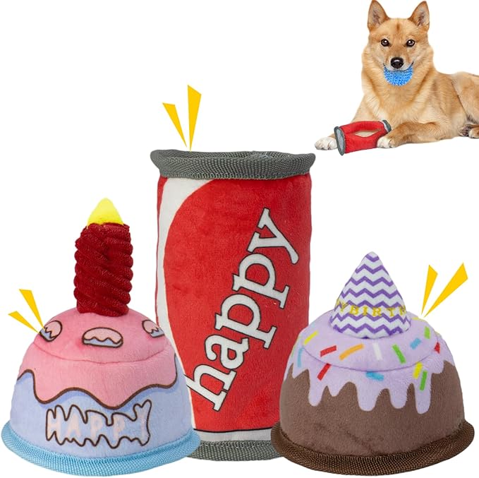 Dog Birthday Toy,No Stuffing Dog Toys for Puppy, Squeaky Plush Dog Toys for Large, Medium and Small Breeds, Balls Inside,Suitable Size Interactive Dog Toy for Indoor Outdoor Play