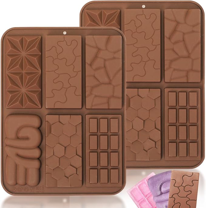 Thin Chocolate Bar Molds, 6 Shapes Break Apart Chocolate Molds Silicone for Candy/Gummy/Wax Melts/Resin, 2 Pcs Fruit Snack Molds for Fondant/Jelly/Desserts