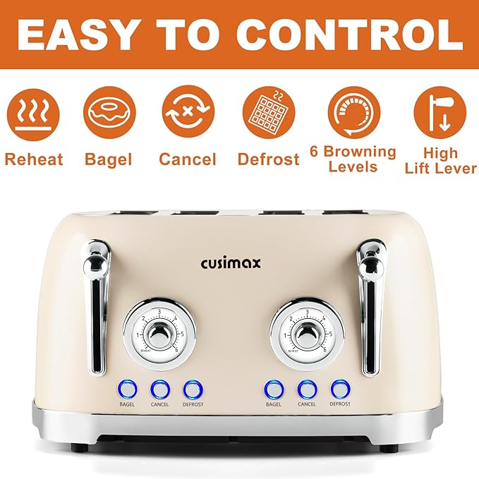 CUSIMAX Toaster 4 Slice, Retro Toaster with Wide Slots for Bagels, Stainless Steel toaster with 6 Toast Settings, Bagel, Cancel, Defrost & Reheat Functions, Dual Independent Control Panels, Cream