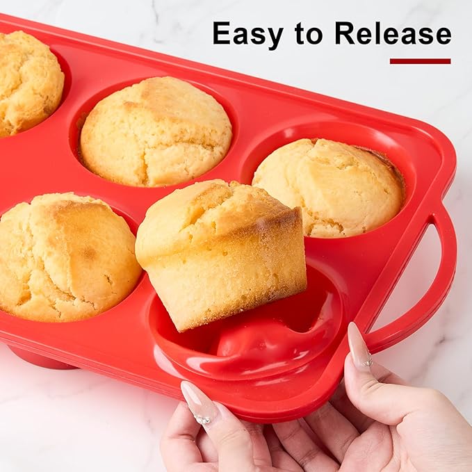 Jumbo Muffin Pan with Metal Frame, 6 Cup Large Cupcake Mold with Handles, Silicone Egg Bite Baking Tray, BPA Free & Non-Stick