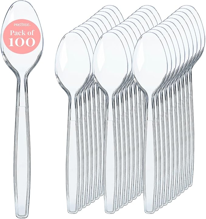 Prestee 100 Clear Plastic Spoons Bulk - Durable Disposable Plastic Silverware Spoons - Heat-Resistant Spoon Cutlery - Heavy Duty Flatware Pack - Disposable Silverware Utensil Set for Hot and Cold Food