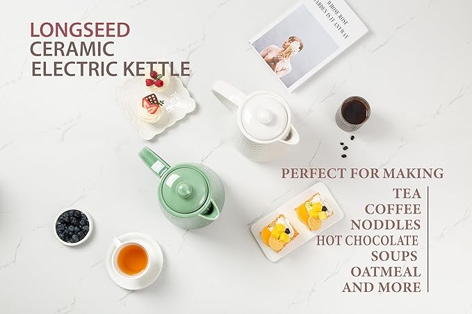 Ceramic Electric Kettle, 1.5L/1200W Boil Water Quickly and Easily with Boil-Dry Protection Auto Shut Off, Detachable Swivel Base, Green Relief Carving