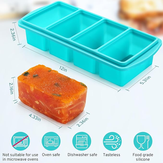 Silicone Freezer Tray with Lid - 1 Cup Silicone Food Freezer Tray - Large Ice Cube Freezer Molds - Soup, Sauce, leftovers, Homemade Meal Prep Freezing Kitchen Storage Containers - Aqua - 2-Pack